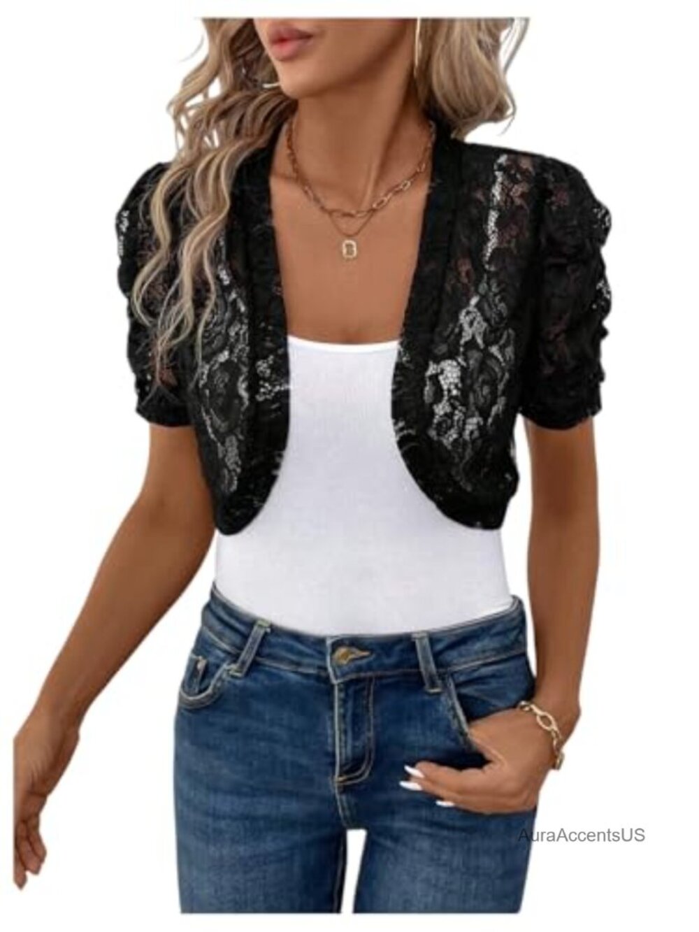 Floral Lace Open Front Lightweight Crop Cardigan Puff Short Sleeve Bolero Shrugs